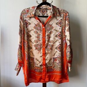 Zara Floral Paisley Colorblock ButtonDown Satin Effect Shirt Orange Multi Size S